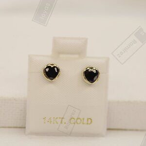 Elegant 14K Solid Gold Heart Earrings with Black Zirconia • 5mm Round Silhouette